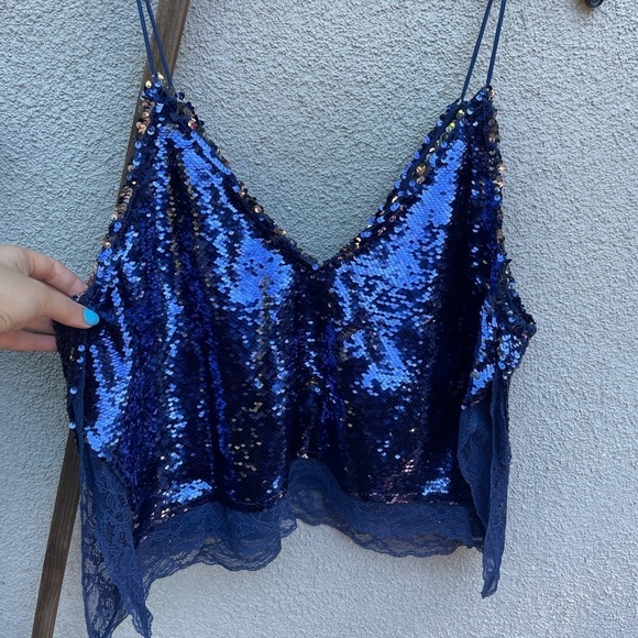 Free People Swinging Sequins Lace Trim Tank In Midnight - Picture 10 of 10